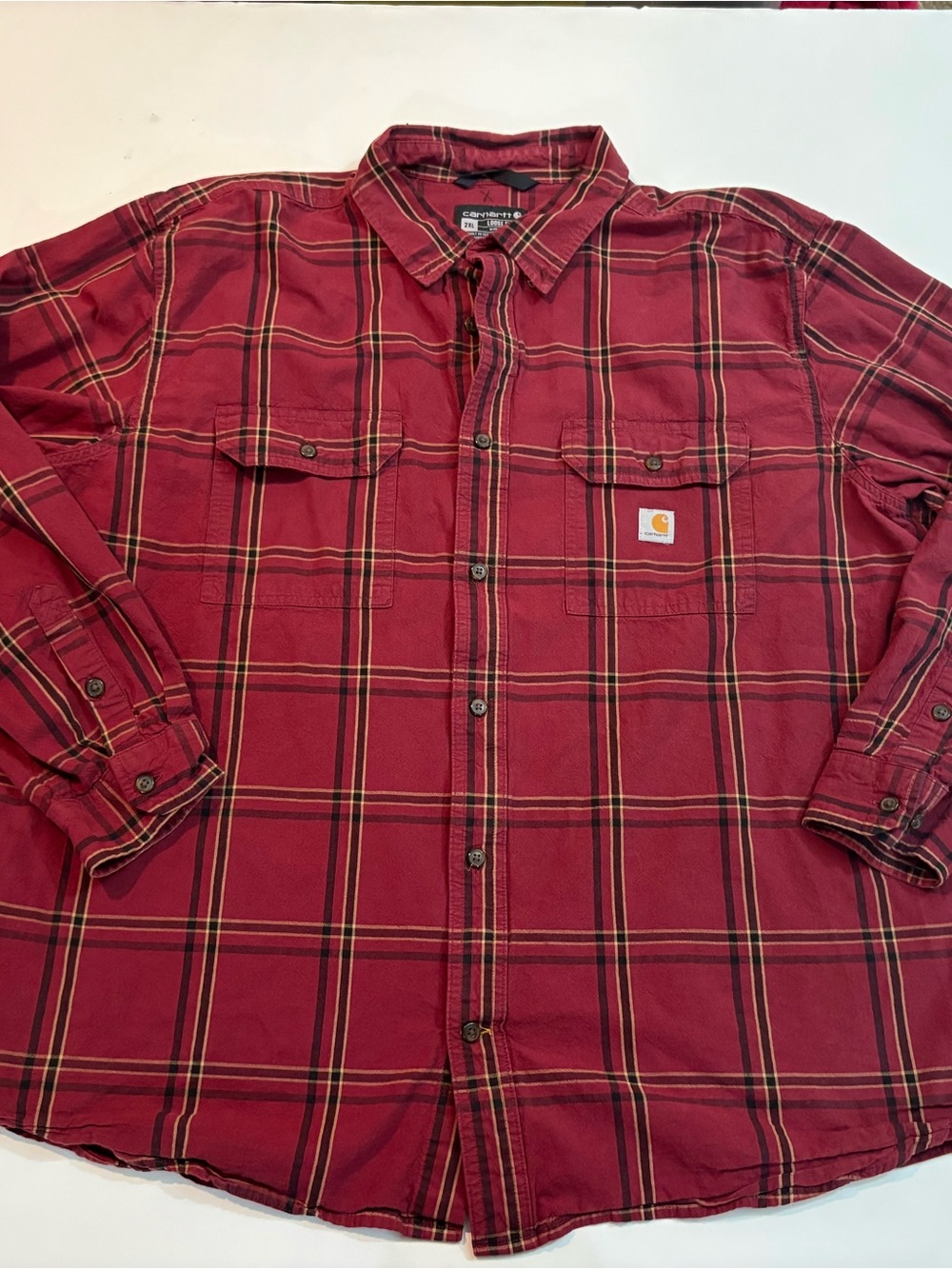 Carhartt Men’s Burgundy Plaid Button-Down Work Shirt | Size 2XL